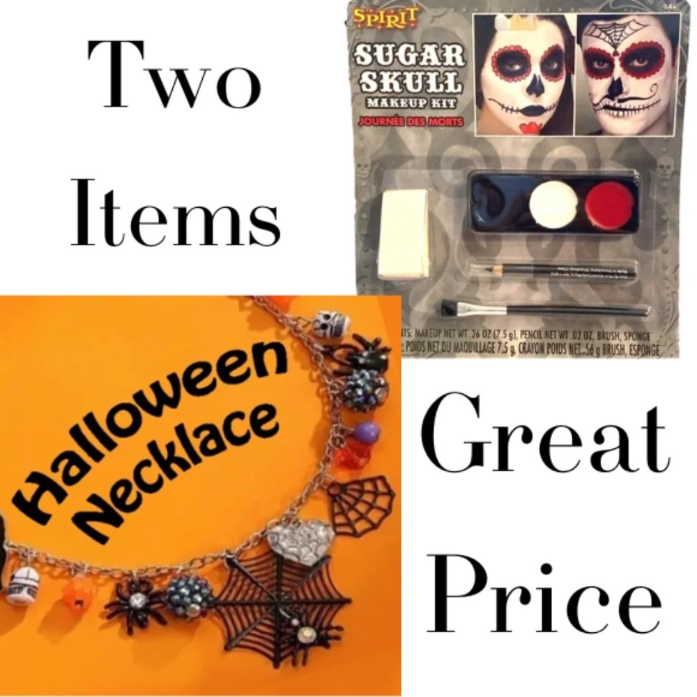HALLOWEEN 2 ITEMS - NECKLACE SPIDER WEB & MUCH MORE + SUGAR  SKULL MAKEUP KIT